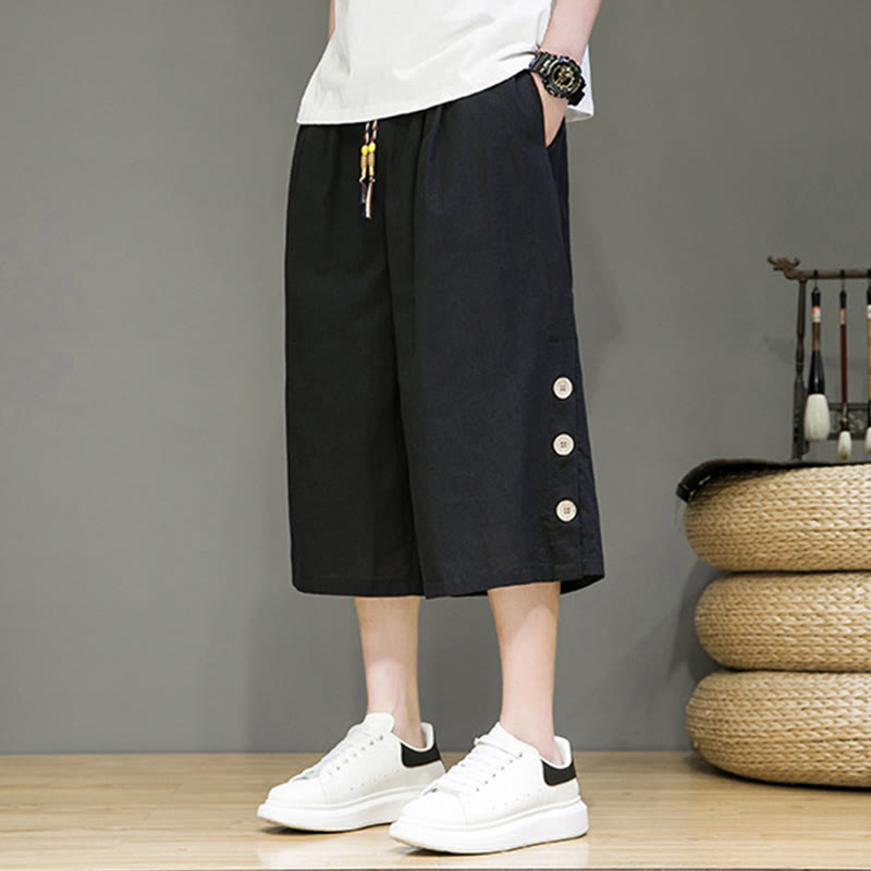 Spodnie męskie z bawełny z kieszeniami i ściągaczem Buddha Stones Casual Plain Side Button Design Drawstring