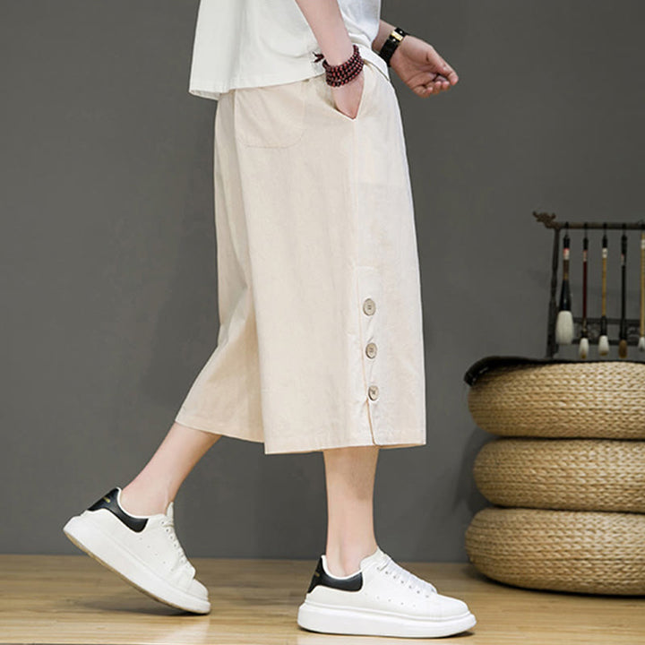 Spodnie męskie z bawełny z kieszeniami i ściągaczem Buddha Stones Casual Plain Side Button Design Drawstring