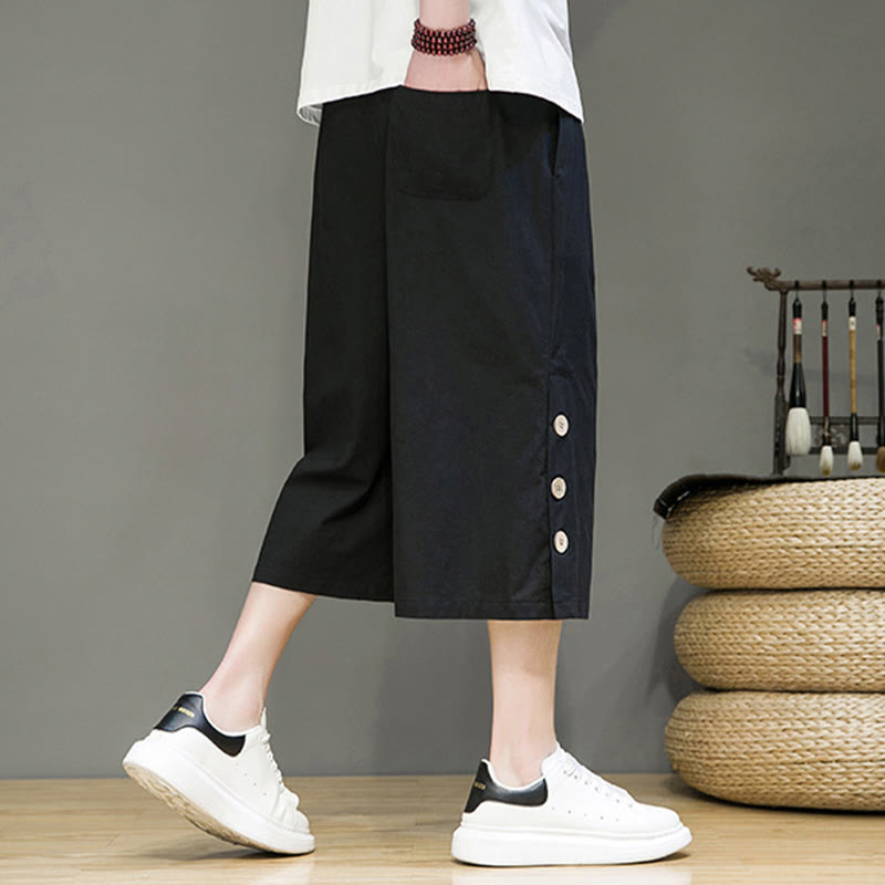 Spodnie męskie z bawełny z kieszeniami i ściągaczem Buddha Stones Casual Plain Side Button Design Drawstring