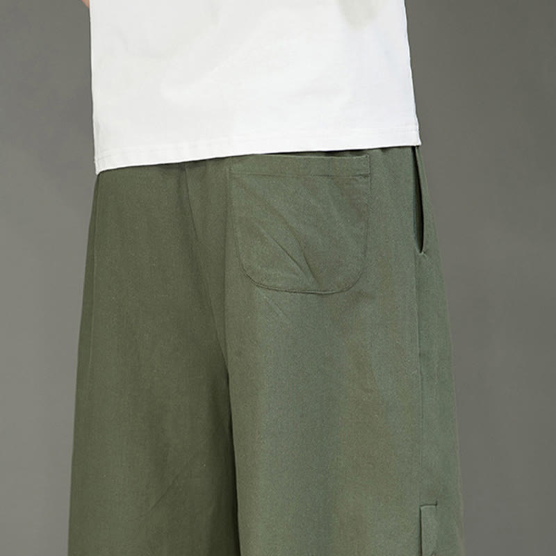 Spodnie męskie z bawełny z kieszeniami i ściągaczem Buddha Stones Casual Plain Side Button Design Drawstring