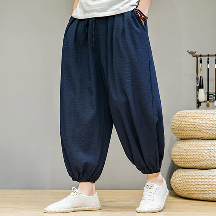 Spodnie haremowe męskie z bawełny Buddha Stones Summer Plain Drawstring do kostek i kieszeniami - Marynarka wojenna - US/UK/AU46， EU56 (5XL) - image 0