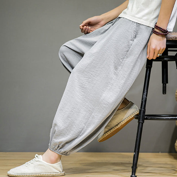 Spodnie haremowe męskie z bawełny Buddha Stones Summer Plain Drawstring do kostek i kieszeniami - image 17