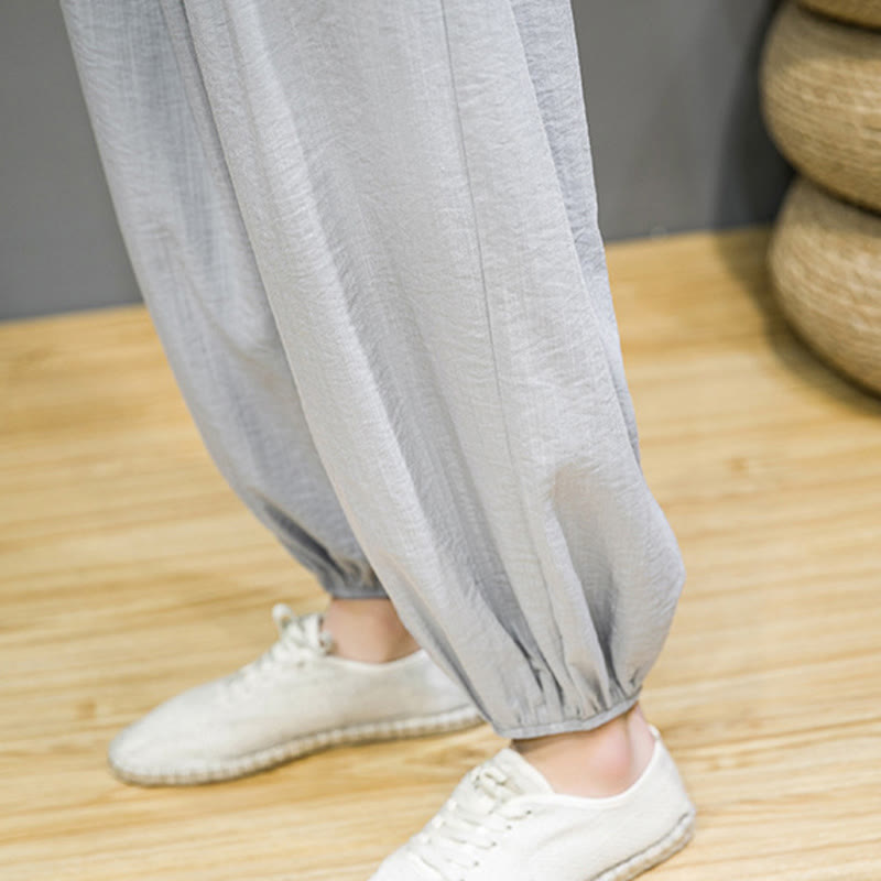 Spodnie haremowe męskie z bawełny Buddha Stones Summer Plain Drawstring do kostek i kieszeniami - image 21