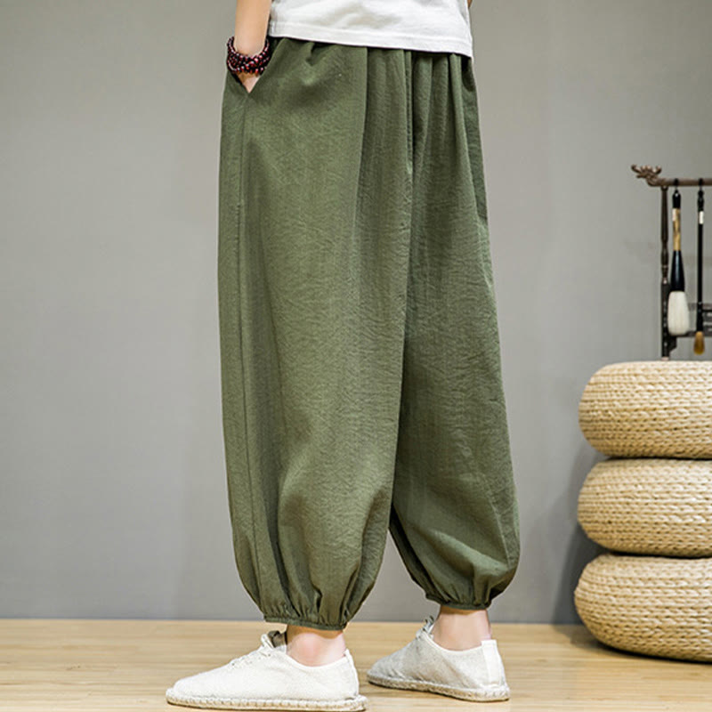 Spodnie haremowe męskie z bawełny Buddha Stones Summer Plain Drawstring do kostek i kieszeniami - image 33