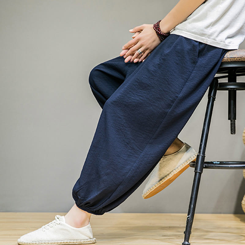 Spodnie haremowe męskie z bawełny Buddha Stones Summer Plain Drawstring do kostek i kieszeniami - image 7