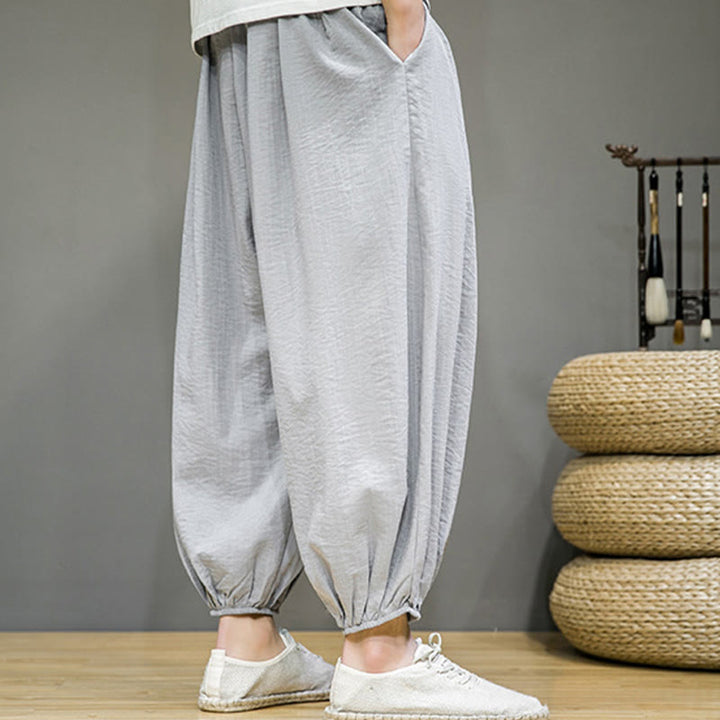 Spodnie haremowe męskie z bawełny Buddha Stones Summer Plain Drawstring do kostek i kieszeniami - image 14