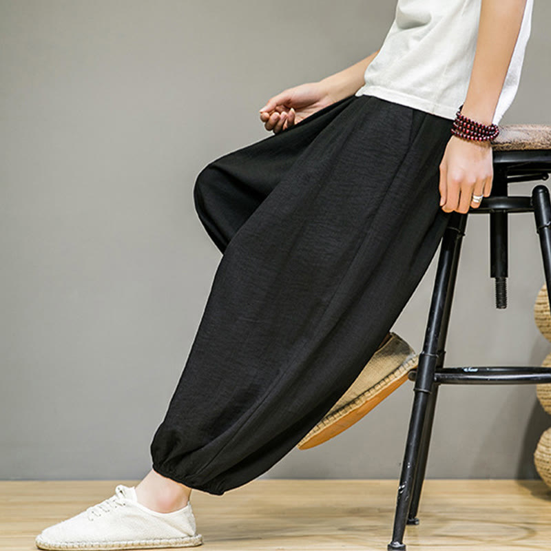 Spodnie haremowe męskie z bawełny Buddha Stones Summer Plain Drawstring do kostek i kieszeniami - image 29