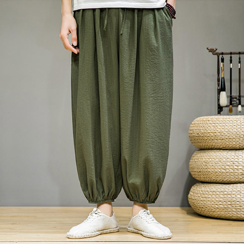 Spodnie haremowe męskie z bawełny Buddha Stones Summer Plain Drawstring do kostek i kieszeniami - image 31