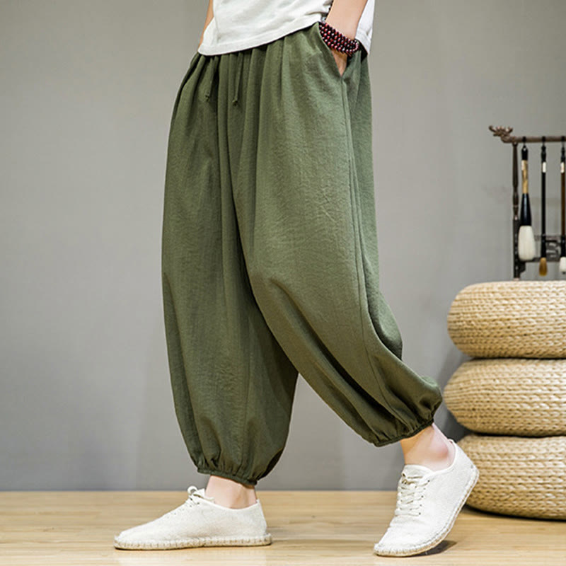 Spodnie haremowe męskie z bawełny Buddha Stones Summer Plain Drawstring do kostek i kieszeniami - image 35