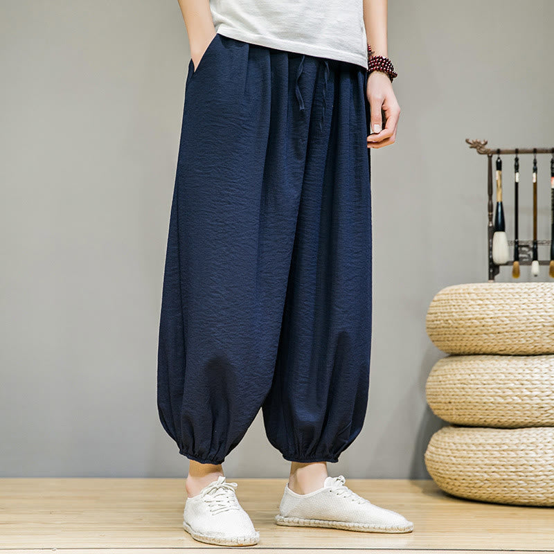 Męskie spodnie haremowe z kieszeniami i ściągaczem Buddha Stones Summer Plain Drawstring - image 5