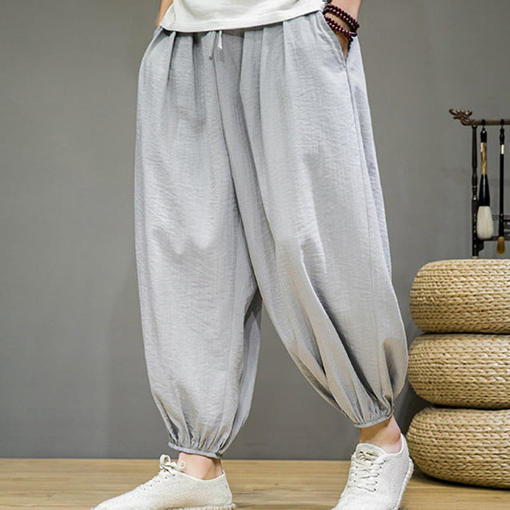 Męskie spodnie haremowe z kieszeniami i ściągaczem Buddha Stones Summer Plain Drawstring - image 10
