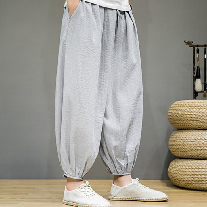 Spodnie haremowe męskie z bawełny Buddha Stones Summer Plain Drawstring do kostek i kieszeniami - image 12