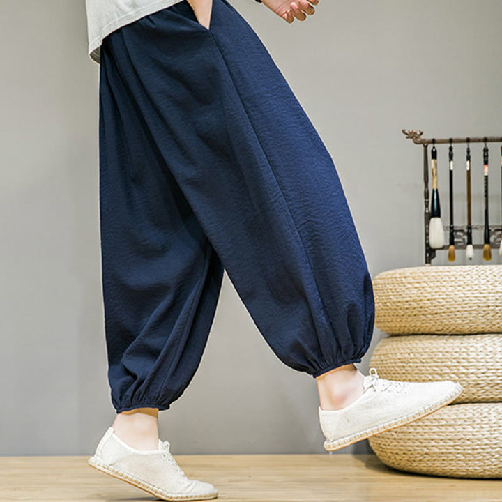 Spodnie haremowe męskie z bawełny Buddha Stones Summer Plain Drawstring do kostek i kieszeniami - image 3