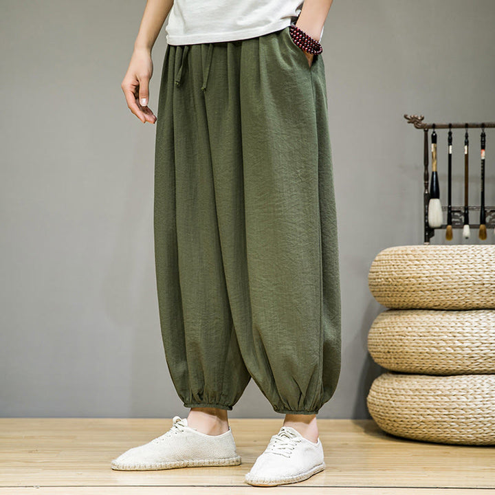 Męskie spodnie haremowe z kieszeniami i ściągaczem Buddha Stones Summer Plain Drawstring - ForestGreen - US/UK/AU46， EU56 (5XL) - image 30