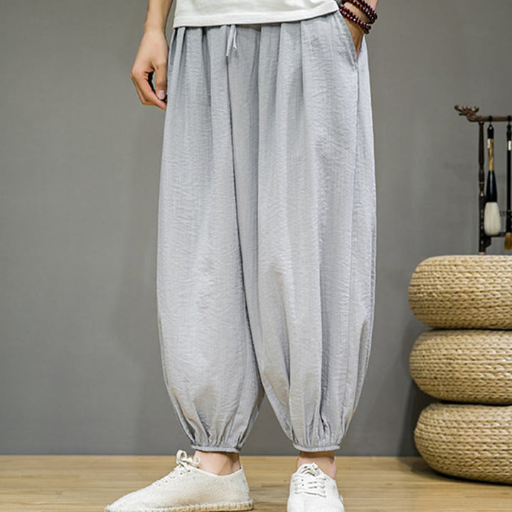 Spodnie haremowe męskie z bawełny Buddha Stones Summer Plain Drawstring do kostek i kieszeniami - image 13