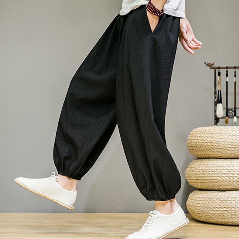 Spodnie haremowe męskie z bawełny Buddha Stones Summer Plain Drawstring do kostek i kieszeniami - image 28