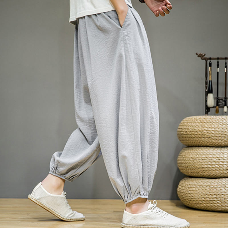 Spodnie haremowe męskie z bawełny Buddha Stones Summer Plain Drawstring do kostek i kieszeniami - image 16