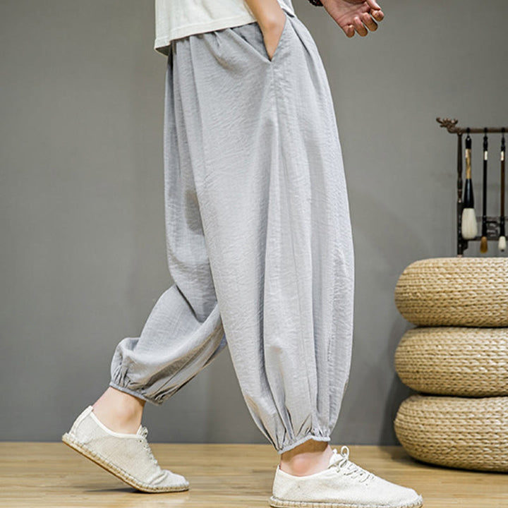 Spodnie haremowe męskie z bawełny Buddha Stones Summer Plain Drawstring do kostek i kieszeniami - image 16