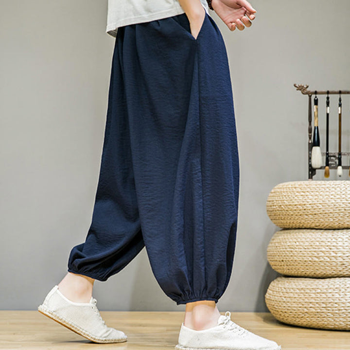 Spodnie haremowe męskie z bawełny Buddha Stones Summer Plain Drawstring do kostek i kieszeniami - image 6