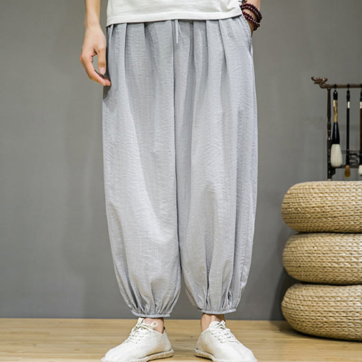 Spodnie haremowe męskie z bawełny Buddha Stones Summer Plain Drawstring do kostek i kieszeniami - image 11