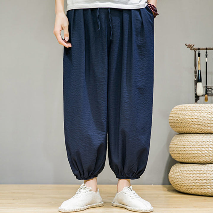 Męskie spodnie haremowe z kieszeniami i ściągaczem Buddha Stones Summer Plain Drawstring - image 4