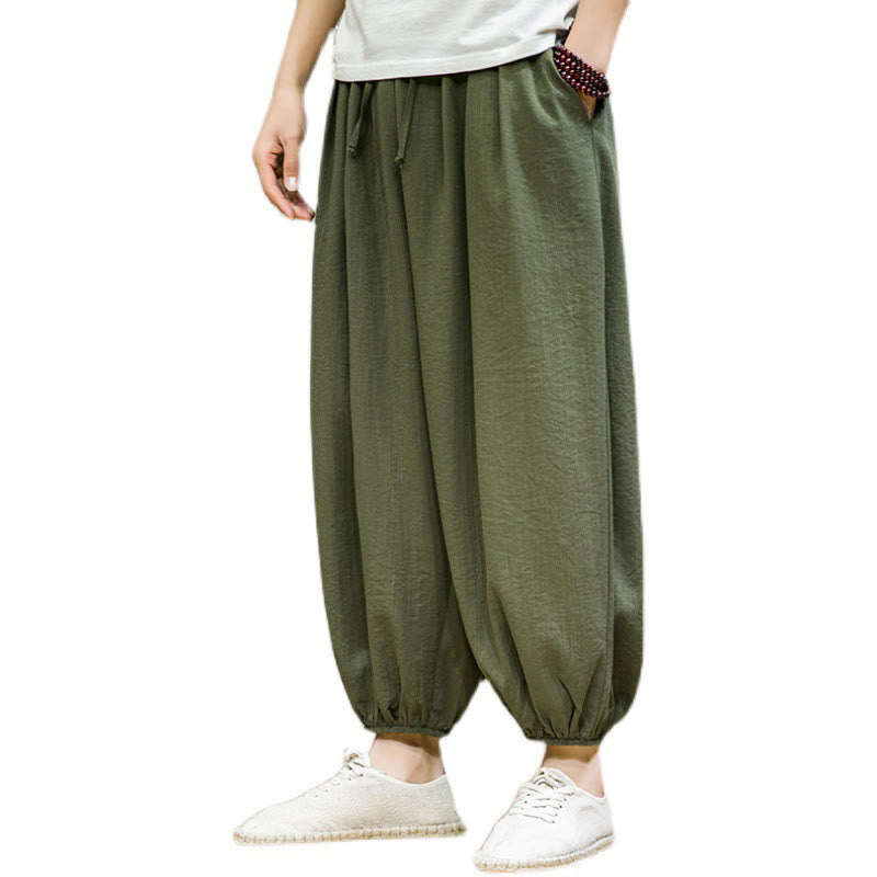 Spodnie haremowe męskie z bawełny Buddha Stones Summer Plain Drawstring do kostek i kieszeniami - image 38