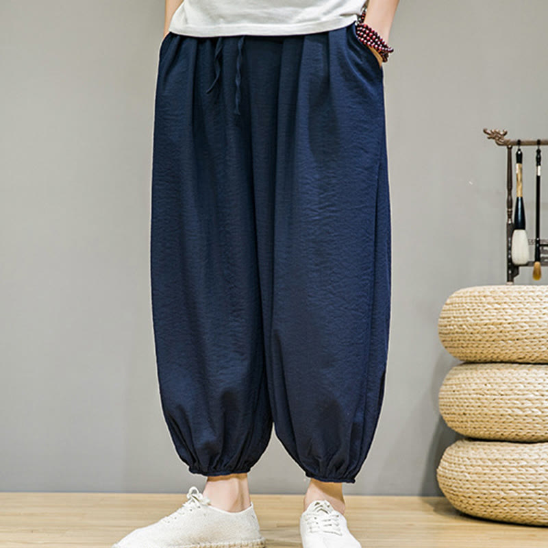 Męskie spodnie haremowe z kieszeniami i ściągaczem Buddha Stones Summer Plain Drawstring - image 1