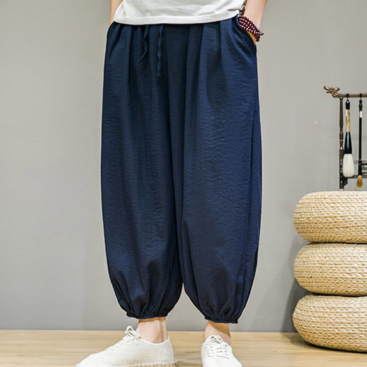 Męskie spodnie haremowe z kieszeniami i ściągaczem Buddha Stones Summer Plain Drawstring - image 1