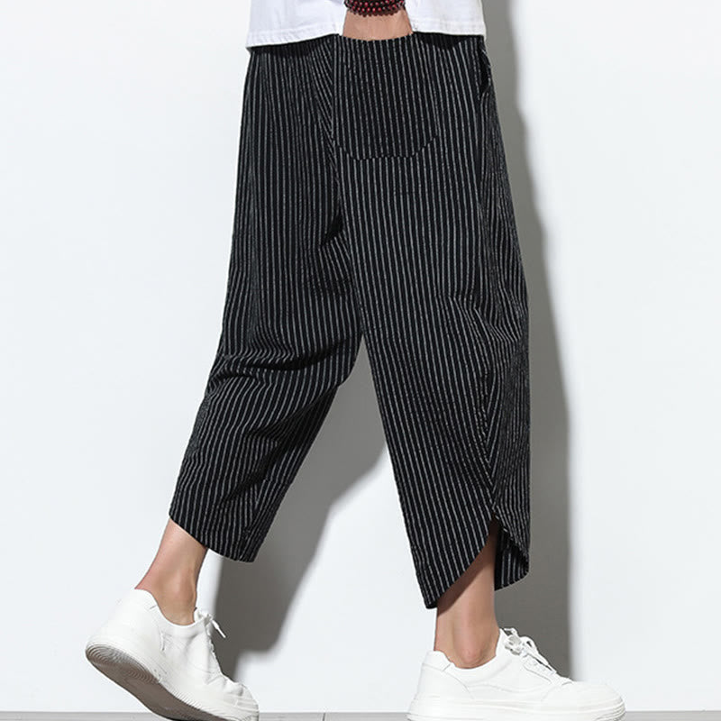 Buddha Stones Letnie Paski Wzór Ściągacz Bawełna Len Męskie Spodnie Harem Długość 7-8 Z Kieszeniami - image 11