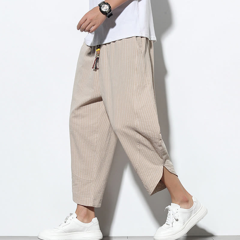 Buddha Stones Letnie Paski Wzór Ściągacz Bawełna Len Męskie Spodnie Harem Długość 7-8 Z Kieszeniami - image 1