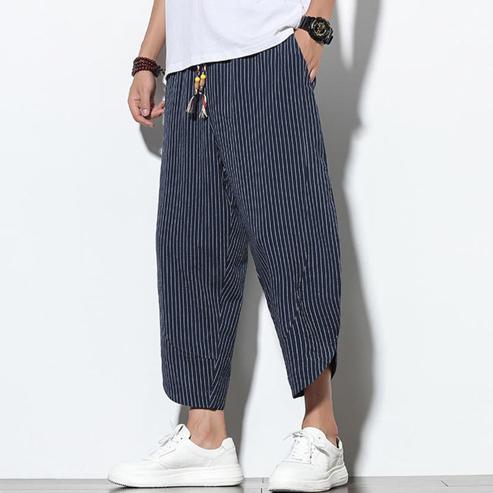Buddha Stones Letnie Paski Wzór Ściągacz Bawełna Len Męskie Spodnie Harem Długość 7-8 Z Kieszeniami - image 32