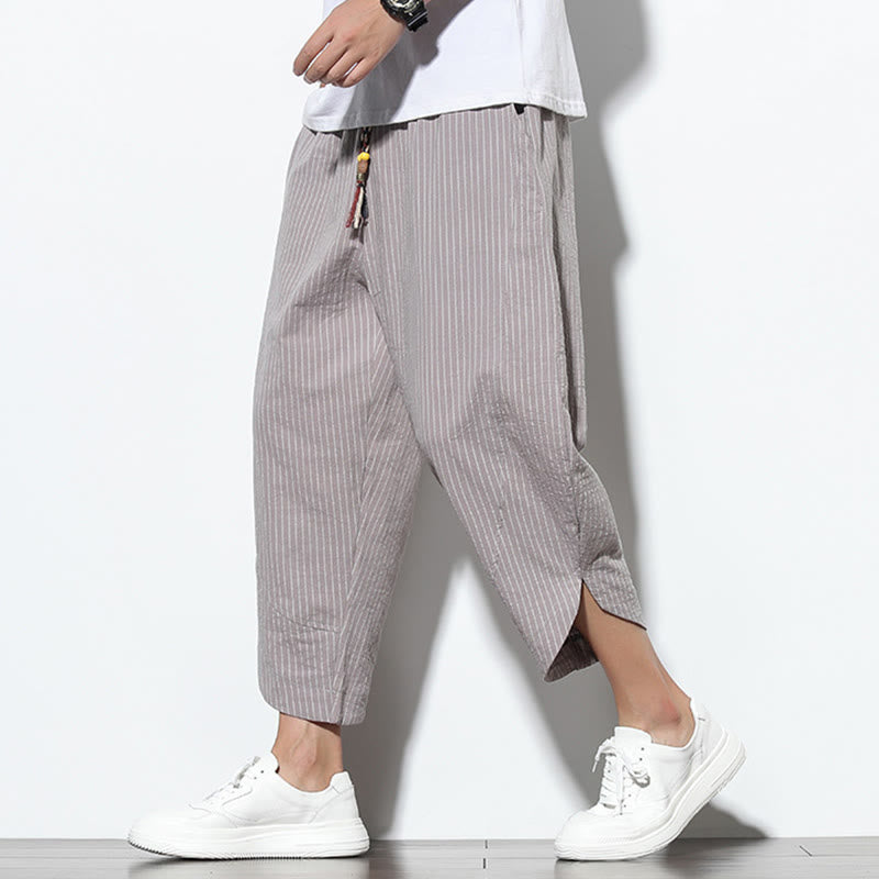 Buddha Stones Letnie Paski Wzór Ściągacz Bawełna Len Męskie Spodnie Harem Długość 7-8 Z Kieszeniami - Ciemnoszary - US/UK/AU46， EU56 (5XL) - image 22