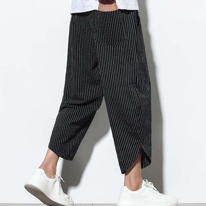 Buddha Stones Letnie Paski Wzór Ściągacz Bawełna Len Męskie Spodnie Harem Długość 7-8 Z Kieszeniami - image 11