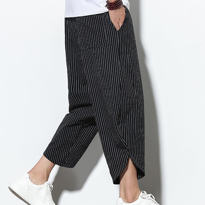 Buddha Stones Letnie Paski Wzór Ściągacz Bawełna Len Męskie Spodnie Harem Długość 7-8 Z Kieszeniami - image 15