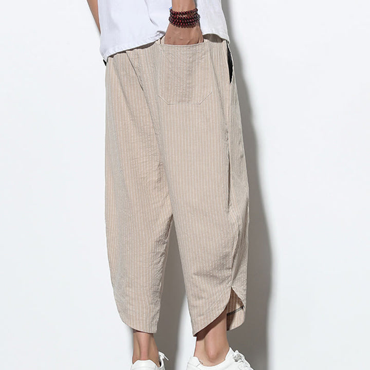 Buddha Stones Letnie Paski Wzór Ściągacz Bawełna Len Męskie Spodnie Harem Długość 7-8 Z Kieszeniami - image 8