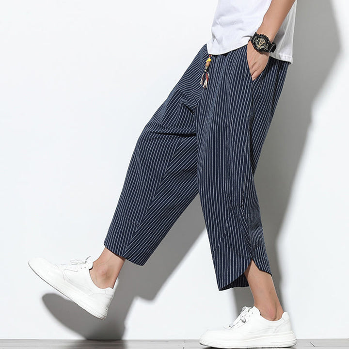 Buddha Stones Letnie Paski Wzór Ściągacz Bawełna Len Męskie Spodnie Harem Długość 7-8 Z Kieszeniami - image 36