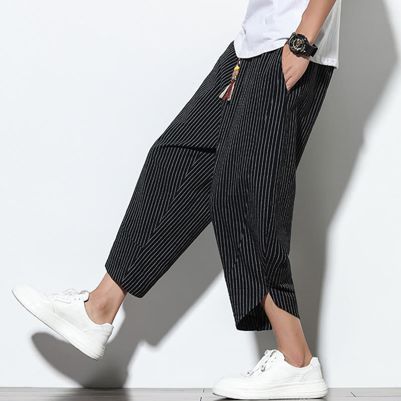 Buddha Stones Letnie Paski Wzór Ściągacz Bawełna Len Męskie Spodnie Harem Długość 7-8 Z Kieszeniami - image 16