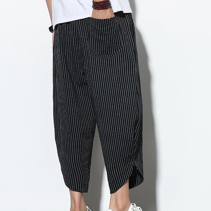 Buddha Stones Letnie Paski Wzór Ściągacz Bawełna Len Męskie Spodnie Harem Długość 7-8 Z Kieszeniami - image 14