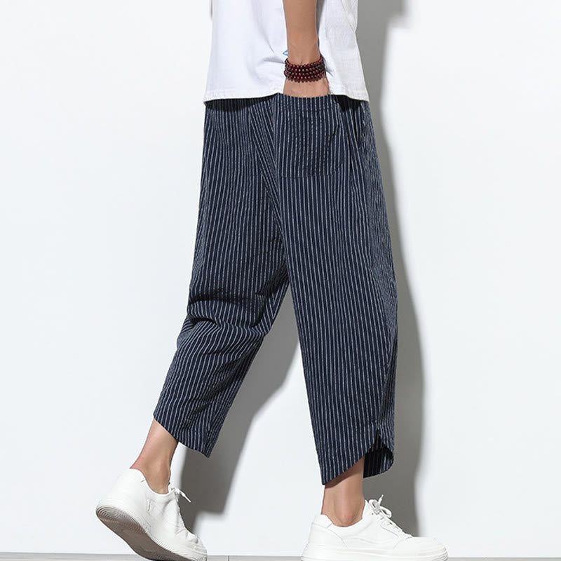 Buddha Stones Letnie Paski Wzór Ściągacz Bawełna Len Męskie Spodnie Harem Długość 7-8 Z Kieszeniami - image 37