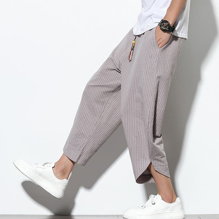 Buddha Stones Letnie Paski Wzór Ściągacz Bawełna Len Męskie Spodnie Harem Długość 7-8 Z Kieszeniami - image 30