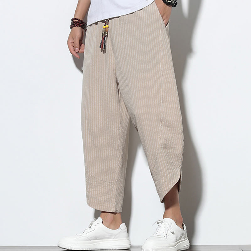 Buddha Stones Letnie Paski Wzór Ściągacz Bawełna Len Męskie Spodnie Harem Długość 7-8 Z Kieszeniami - image 6