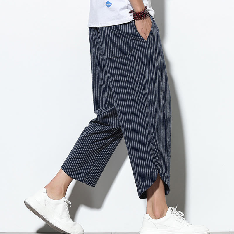 Buddha Stones Letnie Paski Wzór Ściągacz Bawełna Len Męskie Spodnie Harem Długość 7-8 Z Kieszeniami - image 38