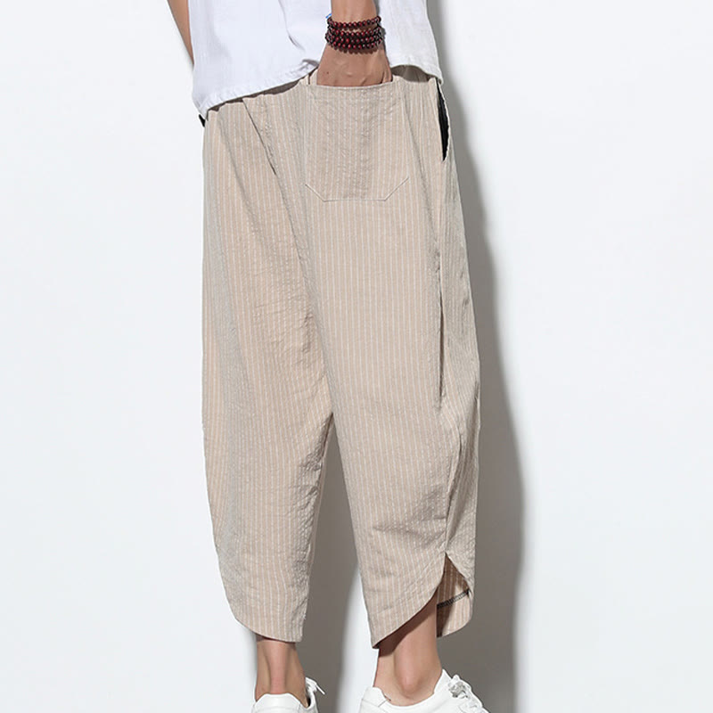 Buddha Stones Letnie Paski Wzór Ściągacz Bawełna Len Męskie Spodnie Harem Długość 7-8 Z Kieszeniami - image 8