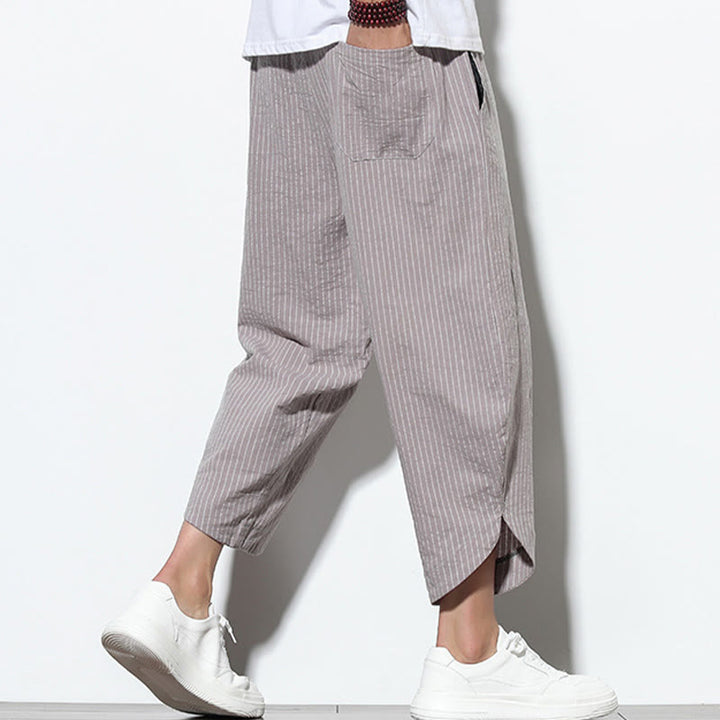 Buddha Stones Letnie Paski Wzór Ściągacz Bawełna Len Męskie Spodnie Harem Długość 7-8 Z Kieszeniami - image 28