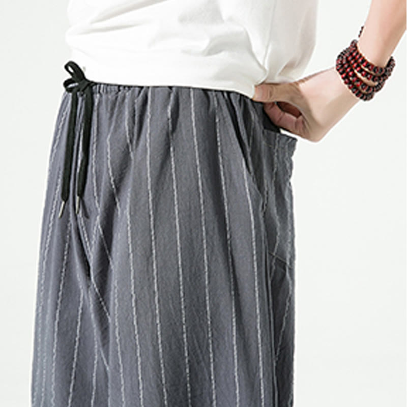 Buddha Stones Casualowe Gładkie Paski Wzór Ściągacz Męskie Spodnie Harem Bawełniane Lniane 7-8 Długość Z Kieszeniami - image 15