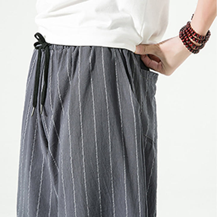 Buddha Stones Casualowe Gładkie Paski Wzór Ściągacz Męskie Spodnie Harem Bawełniane Lniane 7-8 Długość Z Kieszeniami - image 15