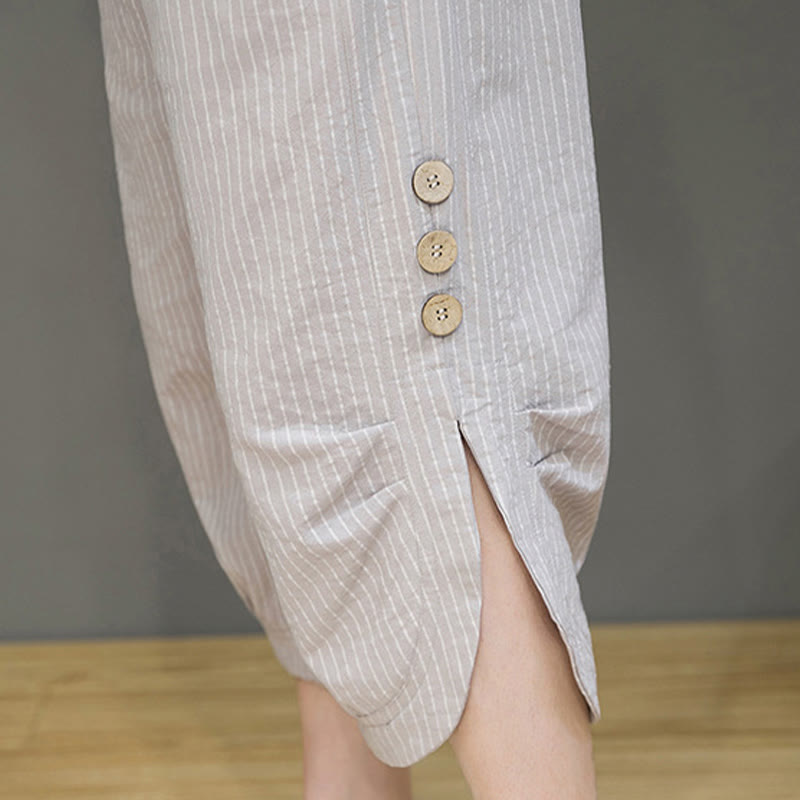 Buddha Stones Casual Białe Paski Wzór Ściągacz Guziki Projekt Męskie Bawełniane Spodnie Harem Z Kieszeniami - image 10