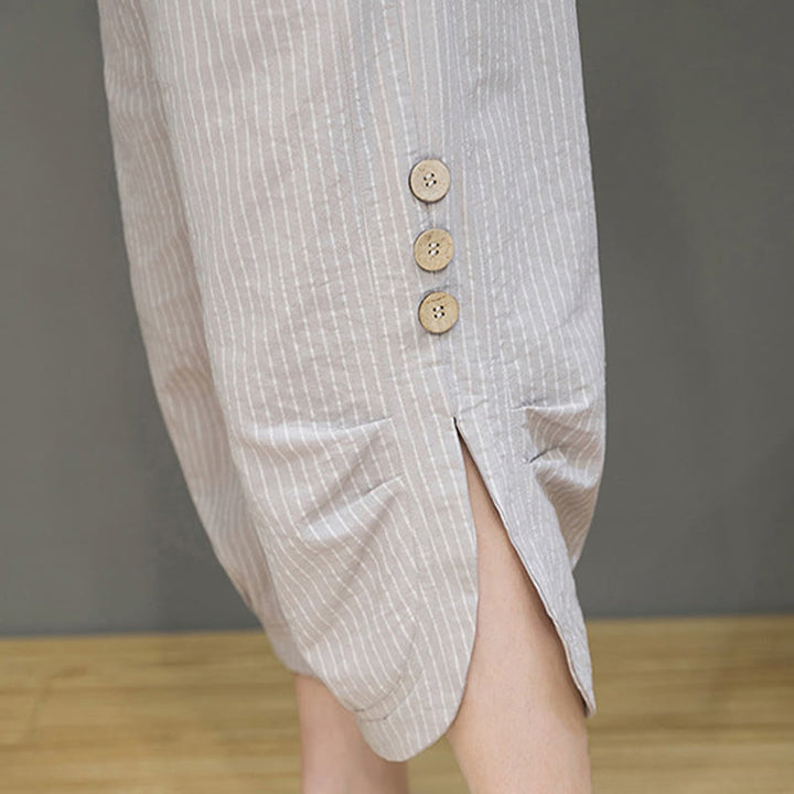 Buddha Stones Casual Białe Paski Wzór Ściągacz Guziki Projekt Męskie Bawełniane Spodnie Harem Z Kieszeniami - image 10