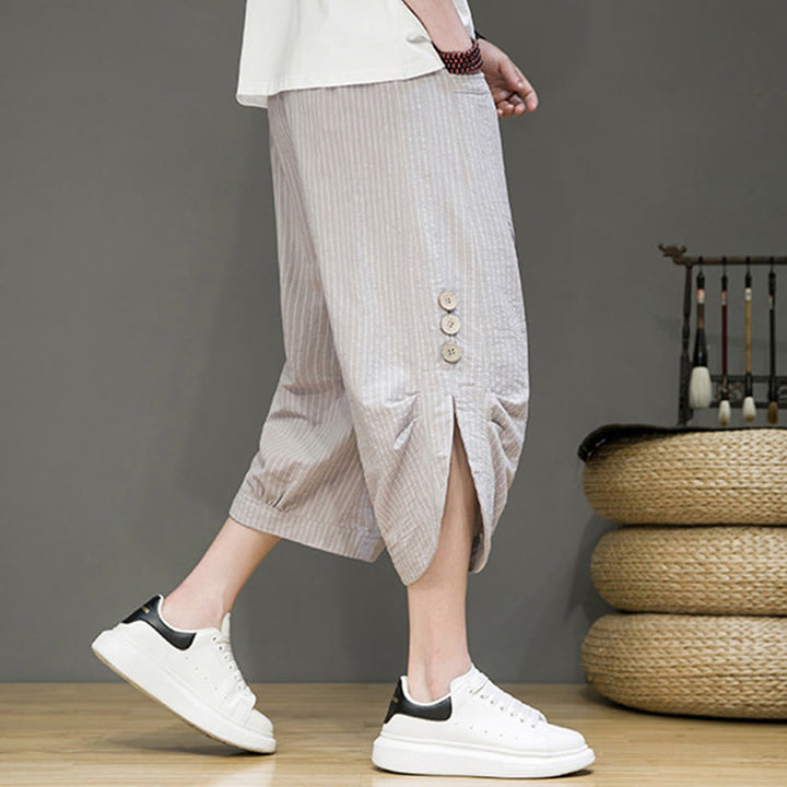 Buddha Stones Casual Białe Paski Wzór Ściągacz Guziki Projekt Męskie Bawełniane Spodnie Harem Z Kieszeniami - Jasnoszary - US/UK/AU46， EU56 (5XL) - image 0