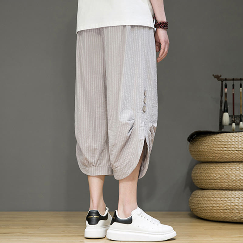 Buddha Stones Casual Białe Paski Wzór Ściągacz Guziki Projekt Męskie Bawełniane Spodnie Harem Z Kieszeniami - image 5